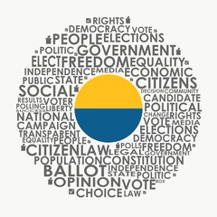 Words cloud relative for voting. Circle frame. Flag of the Ukraine