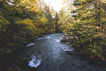 Beautiful scenic landscape view at Kamikochi National Park. Film tone.