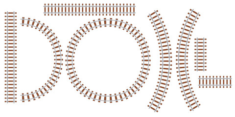 Railroad track train vector top view. Railway locomotive travel path transit way line. Subway traffic curve set metro