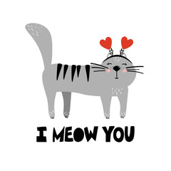 Hand drawn illustration with cat and english text. I meow you. Colorful cute background. Poster design with animal. Decorative backdrop vector. Funny card