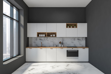 Gray and marble kitchen with countertops