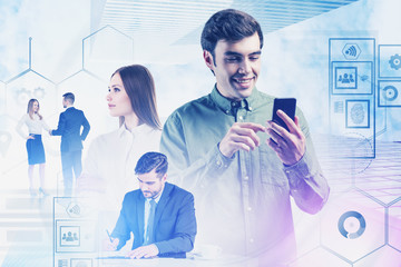 Business team in city, digital interface