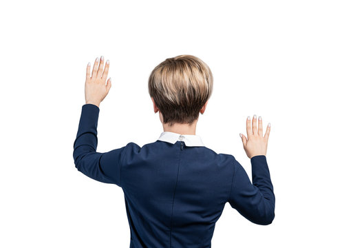 Rear view of woman working with touchscreen