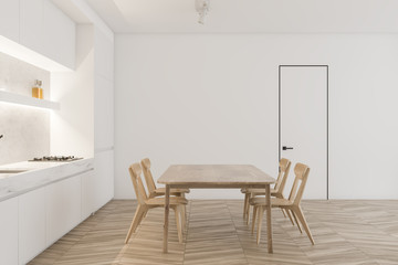 Naklejka na ściany i meble White kitchen with wooden table