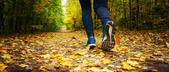 Jogger's feet in blue sneakers close up. A woman athlete run in the autumn forest. Jogging in an amazing autumn forest strewn with fallen leaves - Powered by Adobe