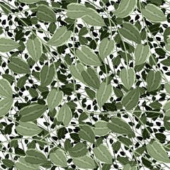 Fototapeta na wymiar Classical hand drawn illustration of leafy branch with complexity in a repeat seamless pattern design