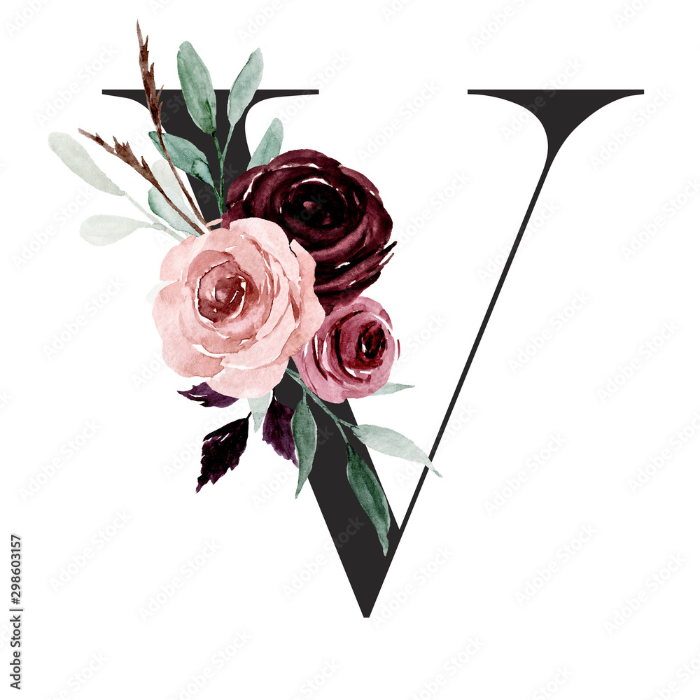Sticker alphabet, letter v with watercolor flowers and leaf. floral monogram initials perfectly for wedding  - Stickers