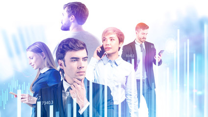 Business team with gadgets, HUD and chart