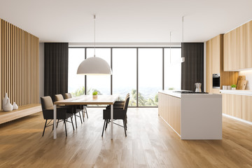 Panoramic white and wood kitchen interior