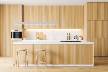 Fototapeta na wymiar White and wooden kitchen interior with bar