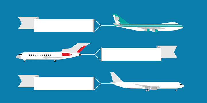Air plane flying with ribbon banner vector illustration. Advertisement card template travel. Cartoon adventure vacation airline side view