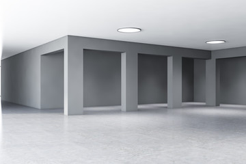 Empty concrete office building hall with columns