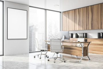 Naklejka na ściany i meble White and wooden CEO office corner with poster