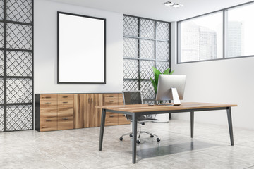 White and metal CEO office corner with poster