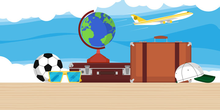 Travel illustration vector background with globe, plane, bag and clouds. Flat airplane tourism vacation world trip. Summer tour concept adventure banner cruise card