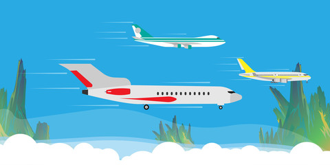 Plane fly in cloud sky illustration banner concept. Travel tourism jet direction holiday flat. Cartoon commercial passenger vehicle