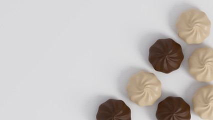 Colorful merengues on white. Many sweet zephyrs background. Trendy top view dessert image. Bakery products top view. Chocolate, vanilla meringue cookies background with space for text.