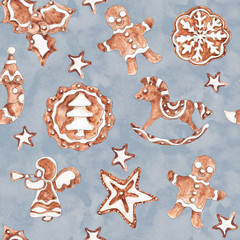 Fototapeta na wymiar Christmas Gingerbread cookies watercolor hand drawn artistic vintage seamless pattern
