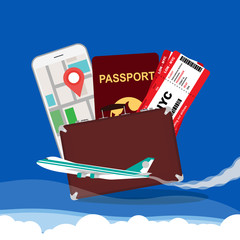 Travel concept vector illustration background. Vacation tourism trip airplane with ticket, map, suitcase, passport. Flight adventure around world explorer banner