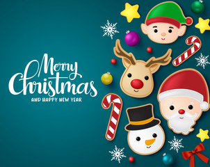 Christmas elements vector banner template. Merry Christmas greeting typography in blue empty space with xmas element like santa claus, reindeer, snowman, elf ,candy cane and star gingerbread cookie.
