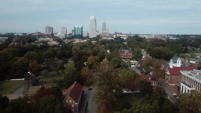 Long Aerial Pullout from Winston Salem Skyline in Autumn
