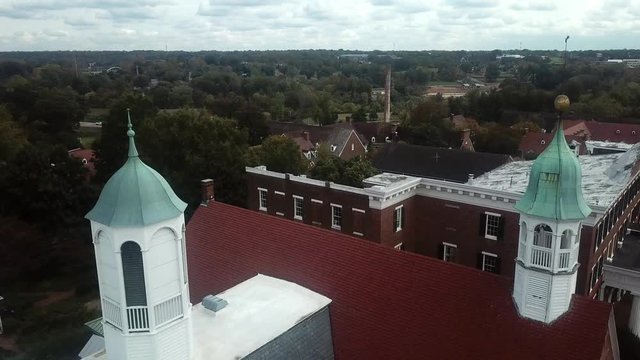 Aerial Home Moravian Church Steeples in Old Salem in Winston Salem NC