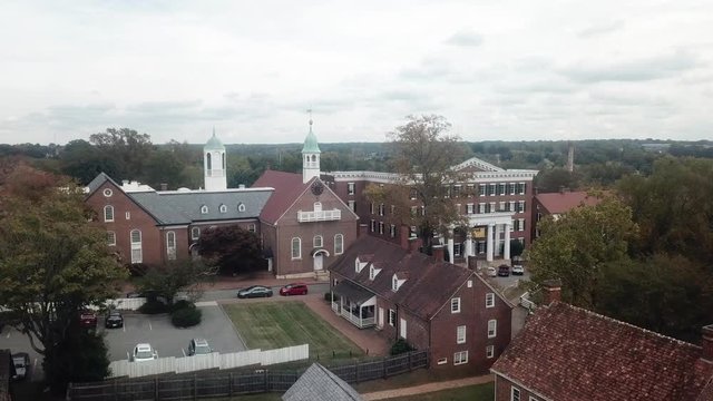 Aerial Push into Home Moravian Church in Old Salem in Winston Salem NC in Fall in 4k