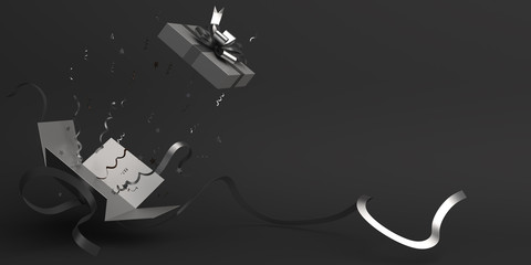 Black friday sale event, design creative concept, opened gift box with ribbon and confetti in the studio lighting, copy space text, flat lay. 3D rendering illustration.