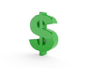 3D generated dollar sign with green color isolated on white background.