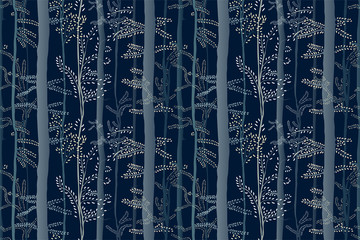 Seamless vector pattern of winter trees on a dark background. Fabulous night winter landscape. Background for the holidays of the new year and Christmas. Forest in a creative hand-drawn style.