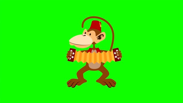 Cartoon monkey plays the harmonica. Looped animation.