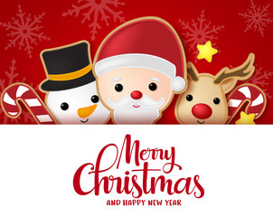 Christmas vector background template. Merry chistmas greeting card text in empty white space for messages with santa, snowman, reindeer, candy cane and star gingerbread cookie elements in red.