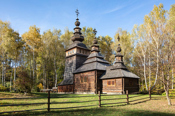 Ancient village wooden church in Museum of Folk Architecture and Rural Life in Lviv (Shevchenkivsky Gai )