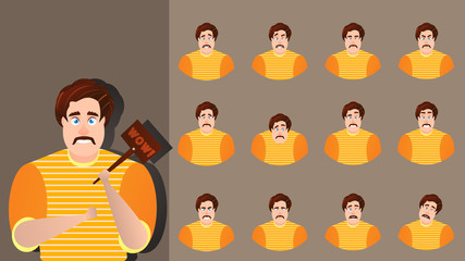 Character cartoon expression vector set emotion face. Illustration man avatar different facial collection. Businessman design happy, angry, cheerful, smile, sad. Comic emoji kit creation human male