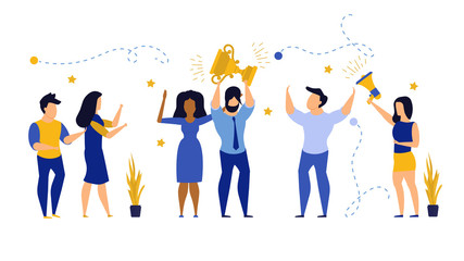 Business people winner prize customer vector illustration employee. Man and woman celebration first quality rank. Office people reward cup trophy up success. Award leader victory goal challenge