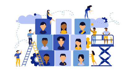 Job career business success agency audience vector illustration. Customer looking office company choice. Banner work man and woman recruitment search candidate. Hire vacancy resume talent CV network - obrazy, fototapety, plakaty