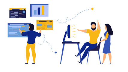 People analysis data commerce. Vector employee man and woman with computer and bar. Business illustration concept character teamwork office background. Team cooperation career banner. Plan diagram job