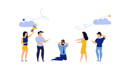 Man office depressed bully vector business illustration. Cartoon tired employee work job stress. Concept sad male overworked. Deadline overload coworker dialog. Trouble career failure human