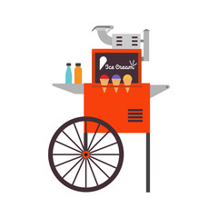 Ice cream ice cart vector dessert illustration food. Business kiosk shop market design delicious sweet cone icon. Summer stand stall frozen wheel store. Vintage trolley sundae equipment cafe
