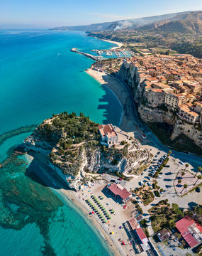 Aerial view of Tropea, house on the rock and Sanctuary of Santa Maria dell'Isola, Calabria. Italy. Tourist destinations of the most famous in Southern Italy, seaside resort located on a cliff 