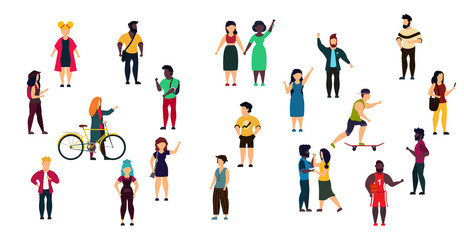 Fototapeta na wymiar Vector city people person illustration isolated white crowd woman and man cartoon. Girl and boy group set collection trendy outdoor bundle character. Concept lifestyle community different human