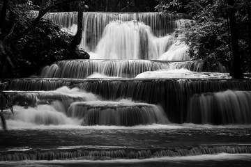 Huay Mae Khamin Waterfalls, Khuean Srinagarindra National Park, Si Sawat , Kanchanaburi, Thailand in black and white