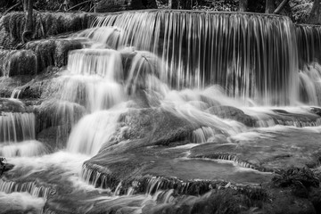 Fototapeta na wymiar Huay Mae Khamin Waterfalls, Khuean Srinagarindra National Park, Si Sawat , Kanchanaburi, Thailand in black and white
