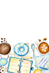 Blue and brown vertical flatlay coffee composition