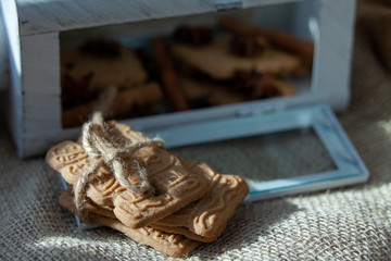 speculoos Christmas cookies with star anise and cinnamon, film effect and tinting, soft focus and bokeh