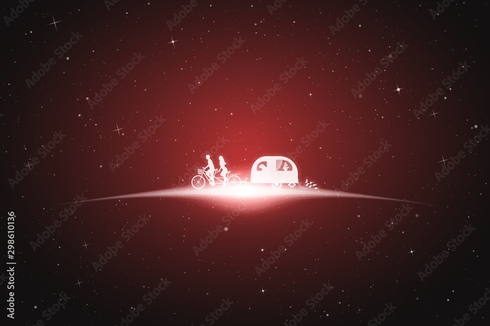 Sticker newlyweds on bike tandem in space. vector conceptual illustration with white silhouettes of people a