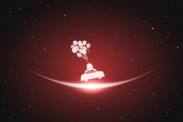 Fototapeta na wymiar Cartoon retro car flies on balloons in space. Vector conceptual illustration with white silhouette of boy in flying car. Flight in dream. Red abstract background with stars and glowing outline