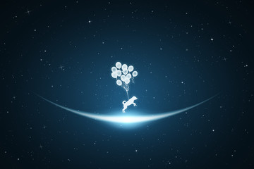 Fototapeta na wymiar Dog flying on balloons in space. Vector conceptual illustration with white silhouette of animal in sky. Flight in dream. Blue abstract background with stars and glowing outline