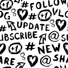 Vector seamless pattern with handwritten graffiti style social media symbols, icons: hashtag, 
