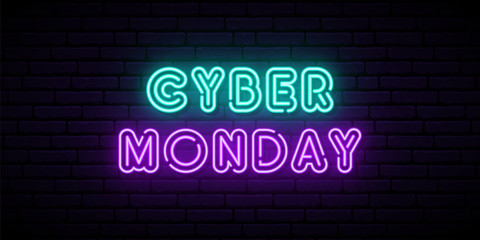 Cyber Monday neon horizontal banner. Neon text on dark brick background. Stock vector illustration.